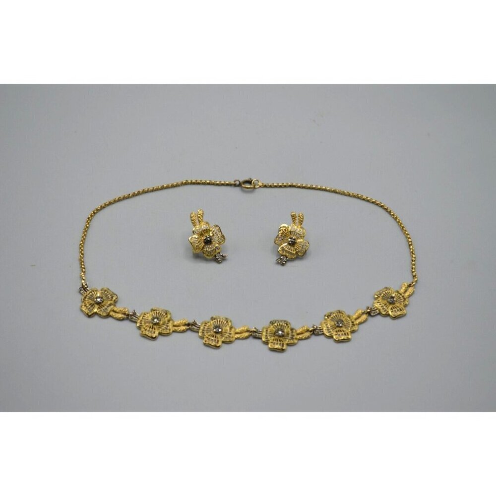Poppy Earrings & Necklace Matching Set Silver Utika Marking Gold Tone Filigree